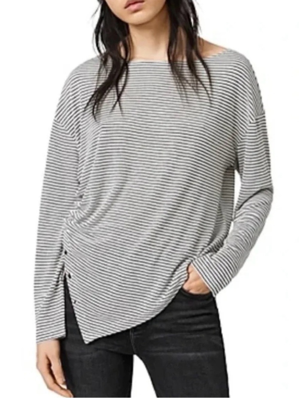 AllSaints Hatti Asymmetrical Boatneck Long-Sleeve Top